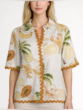 Calypso St. Barth Tropical Print Linen Blend Blouse Large Lobster Palm Fruit